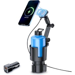 This Hill for Magnetic Cup Holder Charger, 360° Rotating Wireless Magnetic Car Charger, Fast Charging Phone Holder for iPhone 16 15 14 13 12 and Samsung Galaxy S20 Above Series [with QC 3.0 Adapter]