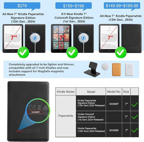 CoBak Stand Case for 7" Kindle Paperwhite 12th Gen 2024 and Kindle Colorsoft with Hand Strap - Compatible with iPhone MagSafe, for Samsung/Belkin/Anker Wireless Charging Pads, Durable, Auto Sleep Wake in Kuwait