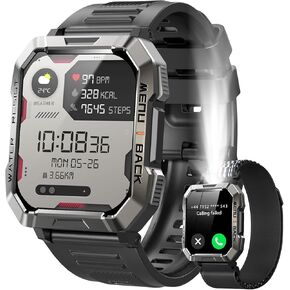 Military Smart Watch for Men (Answer/Make Calls), 2.01'' Smart Watch for Android and iPhone, Fitness Tracker with Flashlight/Compass/100 Days Battery/Heart Rate/Sleep/100+ Sport Modes(2 Straps)