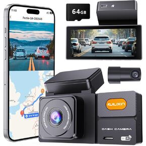 Dash Cam Front and Rear, 3.69’’ IPS Screen, 4K UHD+1080P, 64GB SD Card Max.256GB Dual Dash Car Camera Built-in GPS 5G WiFi GPS, with App G-Sensor, 24H Parking Mode, Loop Recording, Night Vision