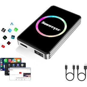 Wireless CarPlay Adapter Car Streaming Device Ai Box Support Netflix, YouTube, Hulu, Disney+, Android Auto Wireless Adapter with LED Ambient Light, Easy to Setup 3 in 1, Dual WiFi Bluetooth