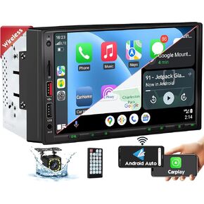 [DSP Inside] Wireless Double Din Car Stereo, Wireless Apple Carplay Android Auto, 7 Inch Touchscreen Radio with 240W Enhanced DSP Sound, FM/AM/Bluetooth Handsfree, HD Waterproof Backup Camera
