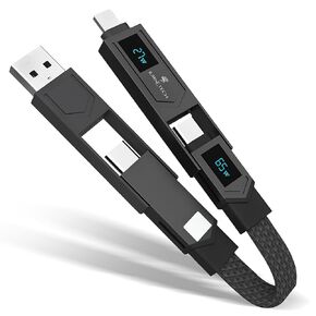 Magnetic 4 in 1 Multi Charging Cable with LED Display, Portable Keychain Charger, Fast as Lightning Charging/Type C/USB A/USB C Ports for iPhone iPad Mac AirPods Samsung Google, (65W) Black