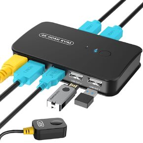 4K KVM Switch HDMI 2 Port Box, USB and HDMI Switch for 2 Computers Share Keyboard Mouse Printer and one HD Monitor, Support UHD 4K@30Hz, with Remote Controller and 2 KVM Cables