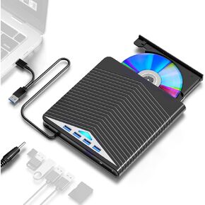 7-in-1 External CD/DVD Drive for Laptop, USB 3.0 & USB-C Portable CD/DVD Player +/-RW Burner Reader Rewriter with SD/Micro SD Card Reader & 4-Port USB Hub for Windows/Mac/Linux/PC/MacBook