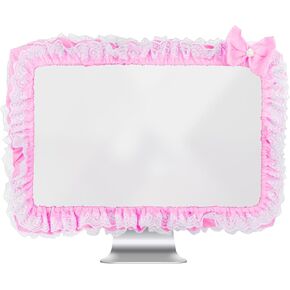 23"-27" Lovely Cute Computer Monitor Cover with Lovely Cute Elastic Pen Pocket Bow-knot TV LCD Screen Monitor Decoration Dust Cover Protector, Lace Fabric, Pink