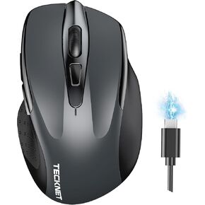 TECKNET Wireless Mouse (BT5.0/3.0 & 2.4G) Rechargeable 4800 DPI Silent 6 Button Bluetooth & USB A Mouse - Wide Compatibility - Grey