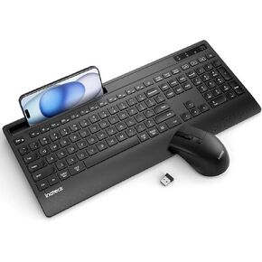 Inateck Wireless Keyboard and Mouse Combo, Full-Size Keyboard with Wrist Rest, Phone Holder, 2.4 GHz Wireless/Bluetooth Silent, Compatible with Computer, Laptop, PC, Mac, Windows