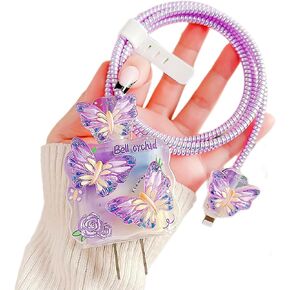 Cable Protector for iPhone 18W/20W Charger,Kawaii 3D Butterfly,Soft Girly Wavy Shape Charger Cover,Charging Cord Protector iPad Charger Protector Cute Cable Saver for iPhone 13 14 15 16 Pro Max-Purple