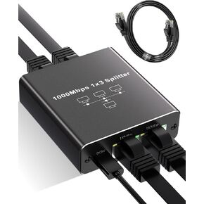 Gigabit Ethernet Splitter 1 to 3, Aluminium LAN Splitter 1000Mbps RJ45 Ethernet Switch Network Splitter with USB C Power Cable for Cat5/5e/6/7/8（Including Cat 6 Flat Ethernet Cable）