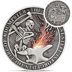 Skull Dumpster Fire Challenge Coin - The Strongest Steel is Forged Dumpster Fire Coin - Funny Desk Accessories for Work - Hilarious Coworker Go Away Token - Inspirational Gifts for Men Women Teacher