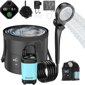 Portable Shower, Upgraded 6000mAh Camping Shower with LED Display, Camp Shower with 5-Gallon Collapsible Bucket, Outdoor Shower with 3 Spray Modes for Hiking, RV, Travel, Pet Bath, Watering Plants