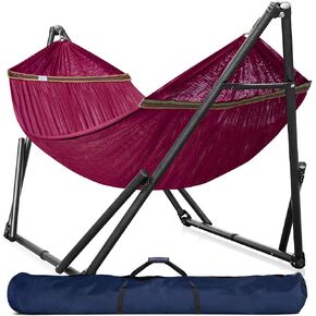 Tranquillo Ultimate Relaxation Portable Hammock Stand, Foldable Hammock Stand with Canvas Hammock, Spreader Bar, Quick Fold Unfold in 30 Seconds Steel Frame Hammock 600 lbs Capacity, White/Navy