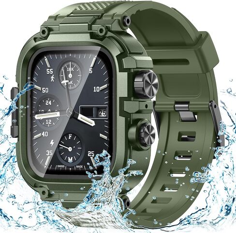 Goton IP68 Waterproof Band Compatible for Apple Watch Band 45mm 44mm with Case - Series 9 8 7 6 5 4 SE for Men, Heavy Duty Rugged Sport Strap with Screen Protector & Back Cover for iWatch Accessories in Kuwait