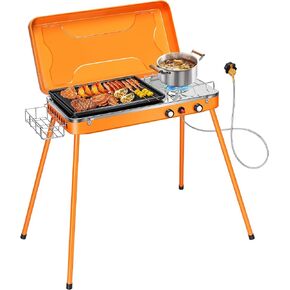 VIVOHOME 2-in-1 Gas Camping Stove with Detachable Legs, Portable Propane Grill, 20000 BTU Tabletop Grill Cooker for Party, Camping, Picnics, Backyards