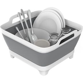 Dishpan, 9L Collapsible Washing Basin (Gray, PP, TPR), Portable Dish Tub with Drain Plug, Space-Saving Drying Rack for Kitchen, Camping, Laundry use