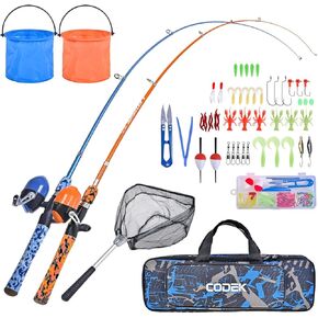 CODEK Kids Fishing Pole Set with Full Starter Kits 2 Set Portable Telescopic Fishing Rod and Spincast Reel Cambos with a Fishing Net and 2 Buckets for Boys Girls and Youth