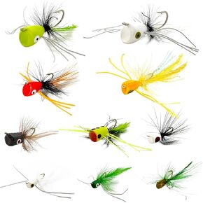 10 Pcs Fly Fishing Popper Flies Assortment Kit, Trout Fly Fishing Catching Hooks for Bass Panfish Bluegill Sunfish