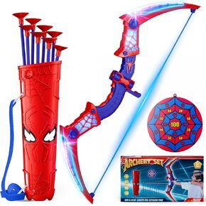 Spider Toys for Boys Age 3-4 4-6 6-8 8-12, Kid Toy Bow and Arrow Archery Set with Red & Blue LED Light, Spider Quiver & Web Target, 8 Suction Cup Arrows, Toy Gift for 3 4 5 6 7 8 9 10 12 Year Old Boys