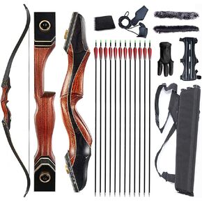 Archery 60" Takedown Hunting Recurve Bow and Arrow Set for Adult Longbow Kit Competition Shooting Right Hand Wooden Riser 30-50LB