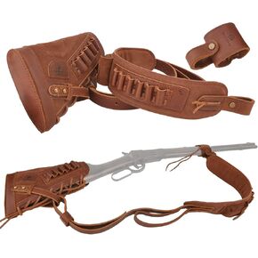 Leather Gun Buttstock Cheek Rest Pad with Matched Sling and Loops, No Drill/No Mounts Needed