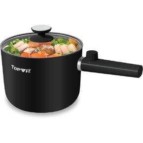 Topwit Hot Pot Electric, 1.5L Ramen Cooker, Portable Non-Stick Frying Pan, Electric Pot for Pasta, Steak, BPA Free, Electric Cooker with Dual Power Control, Over-Heating & Boil Dry Protection, Black