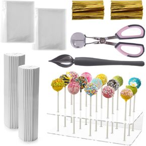 Cake Pop Maker Kit Including Lollipop Sticks and Clear Acrylic Display Stand, Culinary Decorating Scoop, Clear Parcel Bags,Twist Ties, Metal Meat Baller