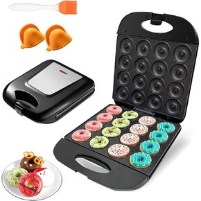 Mini Donut Maker Machine للمنزل ، صانع الكعك الكهربائي والفطائر المكون من 16 حفرة مع سطح غير لاصقة ، مثالي للكعك محلي الصنع (أسود مع قفازات فرن صغيرة وفرشاة)
