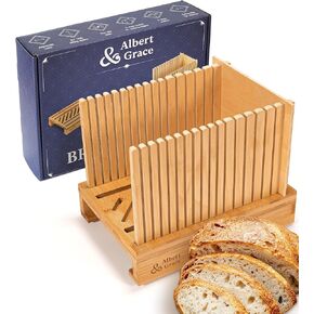 Albert&Grace Bamboo Bread Slicer for Homemade Bread – Adjustable Width Slicing Guides, Compact & Foldable Loaf Cutter for Perfect Slices & Halving Bagels