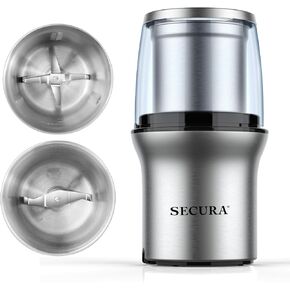Secura Electric Coffee Grinder and Spice Grinder with 2 Stainless Steel Blades Removable Bowls
