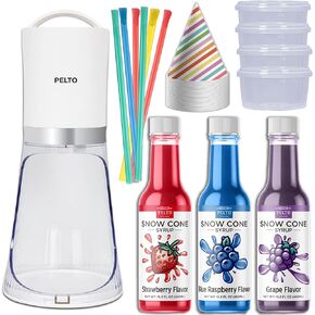 Snow Cone Machine set with 3 Flavors, 25 Cone Cups, 25 Straws, 4 Ice Molds - Strawberry, Blue Raspberry, Grape - Hawaiin Slushie Flavors - Electric Shaved Ice Maker Kit for Kids Birthday Gift Party