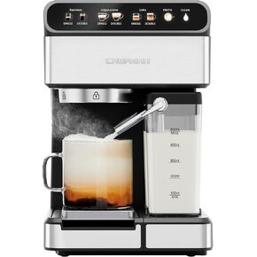 Chefman CaféMaster Pro Espresso Machine, Brew Single or Double Shots, Coffee Maker with Built-In Milk Frother for Cappuccino & Latte, XL 1.8 Liter Removable Water Reservoir - Stainless Steel