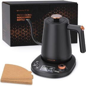 Vianté Electric Gooseneck Kettle with Precise Temperature Control. Pour Over Coffee & Tea Kettle. Boil-Dry Protection & Keep Warm Function. Stainless Steel, BPA-Free. Includes V60#2 Filters. 0.8L