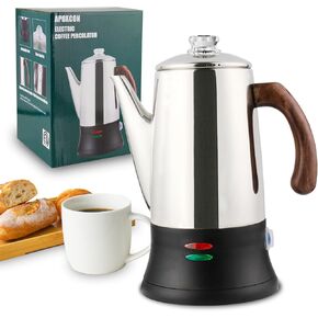 Electric Coffee Percolator Stainless Steel Coffee Maker with Heat Resistant Tough Glass Knob and Treated Solid Wood Handle Cordless Serving Auto Keep Warm Coffee Pot with On/OFF Switch (8 Cup)