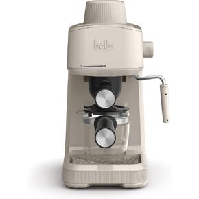BELLA Steam Espresso Maker with Microfoam Wand, Removable Drip Tray & Dishwasher Safe Glass Carafe & Portafilters, Reusable 4 Cup Filter, Overheating & Overpressure Safety Features, 3.5 Bar, Oatmilk