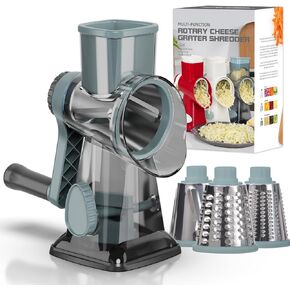 Cheese Grater Cheese Shredder with 3 Interchangeable Blades, Rotary Cheese Grater Manual Vegetable Slicer with Non-slip Suction Base Peanut Nuts Grinder Vegetable Shredder Clear