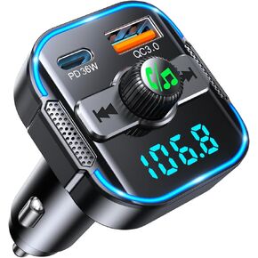 2024 Upgrade Bluetooth 5.3 Car Adapter【PD 36W+QC3.0 18W】, 2-in-1 FM Transmitter 【Dual Stronger Mics】& Fast Car Charger, Wireless Car Radio Adapter Hands-Free Car Kit, Siri Assistant Player