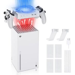 مروحة التبريد من Eluteng لـ Xbox Series X Low Love Noise 3 نظام تبريد مروحة قابلة للتعديل مع منافذ USB إضافية و 2 وحدة تحكم محكم سماعة الرأس مروحة برودة لسلسلة Xbox Series X مع RGB Light