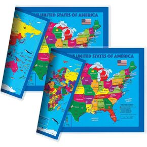 2-Sided Desk Map With Durable Lamination (1 Desk: Children's US/US Centered World Map)