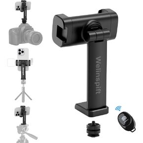 Phone Tripod Mount Holder with Cold Shoe & 1/4" Thread, 360° Rotating Smartphone Tripod Adapter with Remote for iPhone, Samsung - Ideal for Selfie Stick, Live Streaming, Video Recording & Vlogging