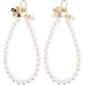 AULEEP 2pcs Classic Pearl Phone Charm for Women, Butterfly Beaded Phone Bracelet Wrist Strap, Phone Wristlet, Handmade Phone Chain for iPhone and other Cellphones