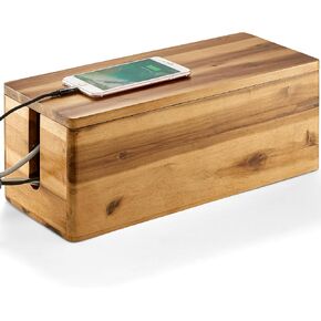 Acacia Wood Cable Management Box Round Edge - 16" L Wooden Cable Organizer Box for Electrical Hiding Cord Management - Power Strip Hider Cable Storage Box for Office, Router Wires, Under Desk
