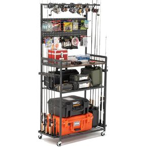SOYEEZE Fishing Rod Holders for Garage,Fishing Gear Holder for Fishing Rod Tackle Box Storage，Fishing Pole Holders for 12 Rods with Hooks and Pegboard,Fishing Cart with Reel Rack