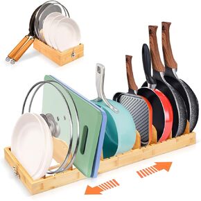 Bamboo Pots and Pans Organizer, Pot Lid Organizer Reusable Containers in Cabinet Storage, Adjustable Pot Lid Holder Rack for Cutting Boards, Pans, Kitchen Counter, Dinner Plates