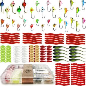 Ice Fishing Jigs Ice Fishing Lures, Glow Micro Ice Jig Heads Hooks Winter Jig Soft Plastic Worm Baits kit for Crappie Walleye Panfish, Ice Fishing Gear Equipment Tackle Accessories