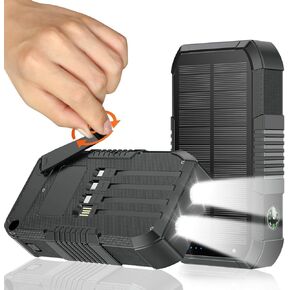 Solar Charger Power Bank 66800mAh Built in Hand Crank and 4 Cables 22.5W Fast Charging PowerBank 6 Outputs & 4 Inputs SOS/Strobe/Strong Camping Flashlights, Compass Solar Portable Charger