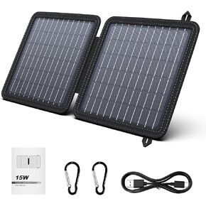 Powkey 15W Portable Solar Panel Chargers with 5V 3A USB-A USB-C Output Foldable Power Emergency Panels, Solar Battery Charger Compatible with Cell Phone iPad for Backpacking, Camping, Hiking