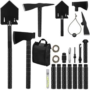 IUNIO Survival Off-Roading Tool Kit, Folding Shovel, Camping Axe, Multitool, Pickaxe, with Carrying Bag, for Outdoor, Car Emergency (Upgrade Black)