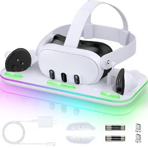 Fast Charging Dock for Meta Quest 3, 20W Fast Charging Station with RGB Light for Oculus Quest 3 Accessories, Magnetic Charger Mode for Headset/Controller with 2 Rechargeable Batteries