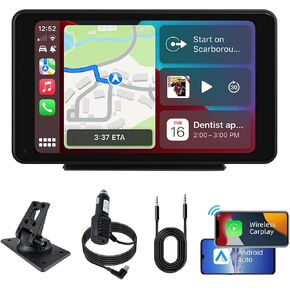 Plimpton 2025 Portable Carplay for Apple/Android Auto Screen for Car, 7 Inch IPS Touch Screen Wireless Car Play Driveplay Multimedia Player with Voice Control, BT, GPS, Mirror Link for All Vehicle